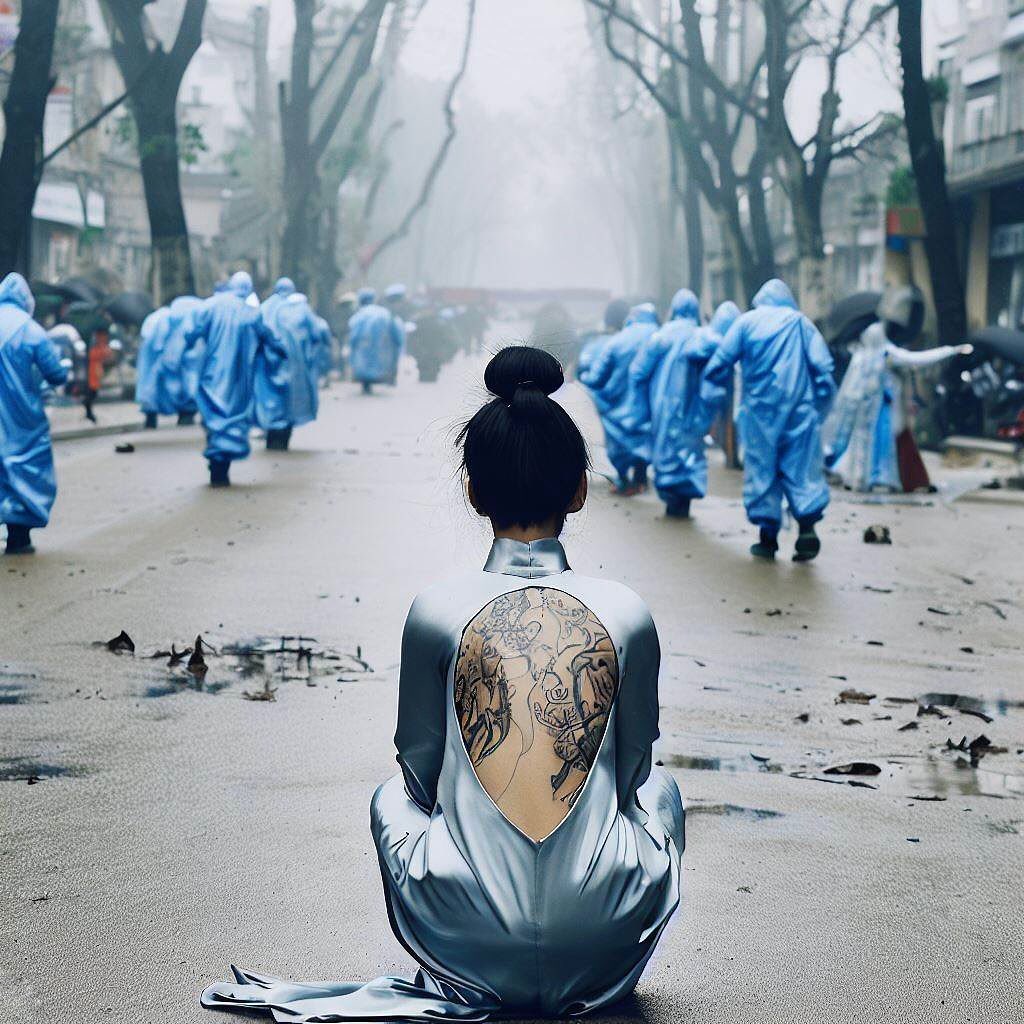 DALL-E, 2022. A woman sits on wet asphalt in a silver áo dài while the street walks away in blue ponchos.