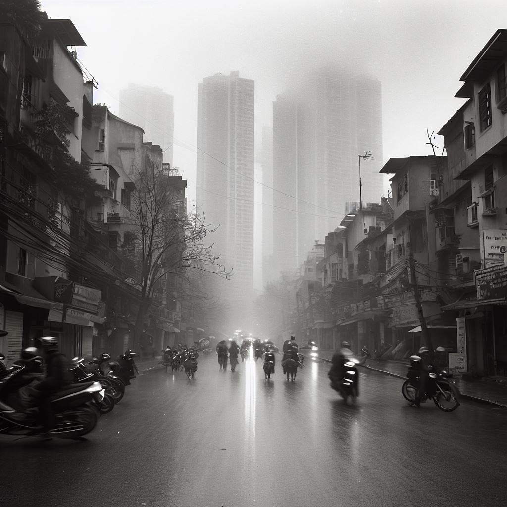 DALL-E, 2022. A Hanoi street in the rain, cables overhead, three towers in the mist at the end of it.