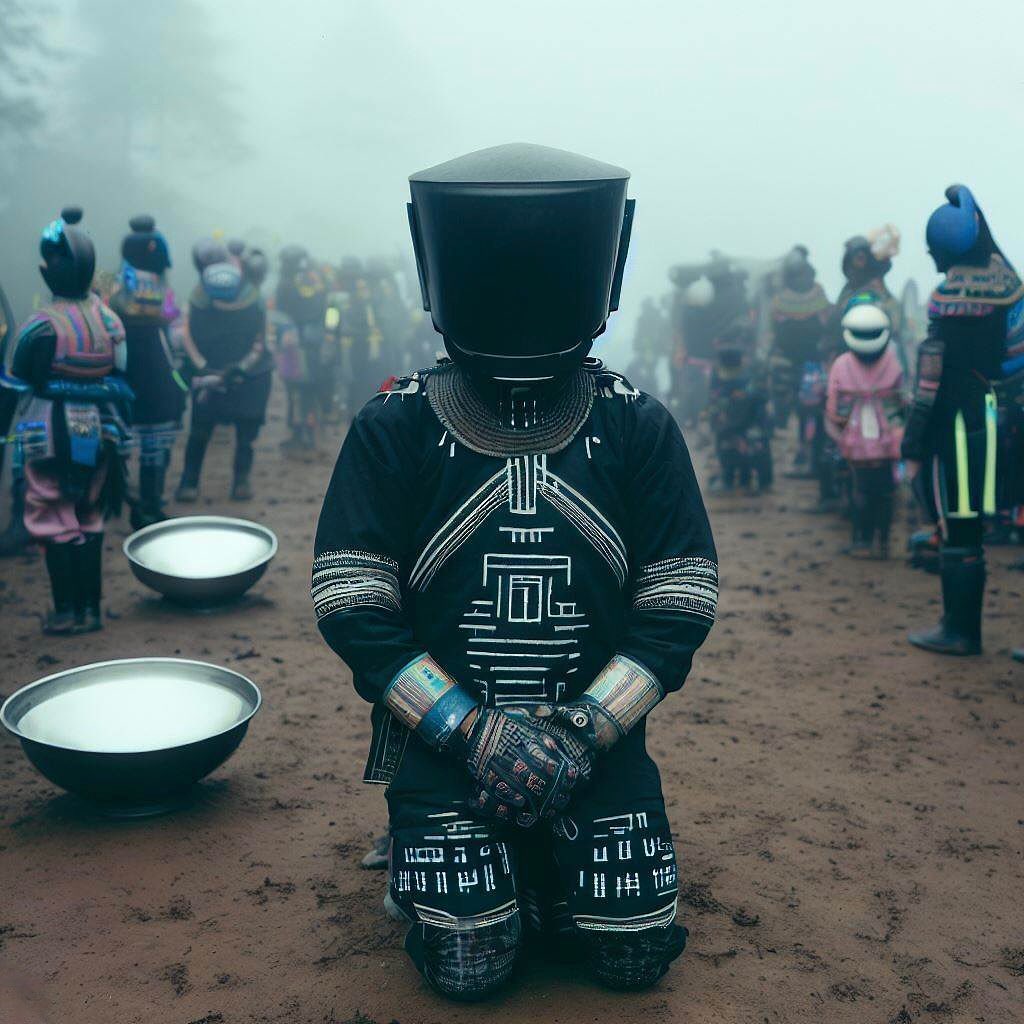 DALL-E, 2022. A kneeling figure in embroidered highland dress, face hidden by a black helmet, in the fog.